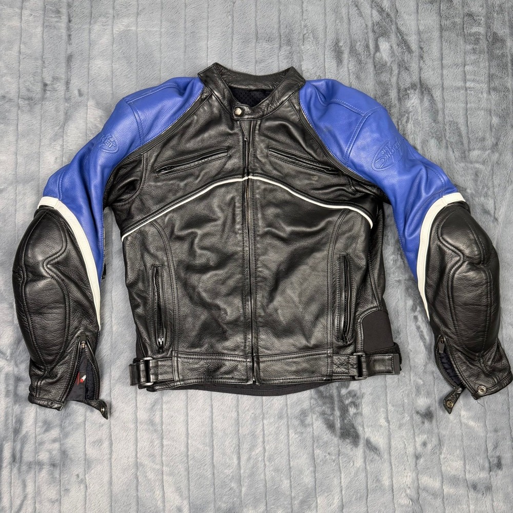 Joe Rocket Leather Motorcycle Racing Jacket Mens Small Black Blue Padded Vented